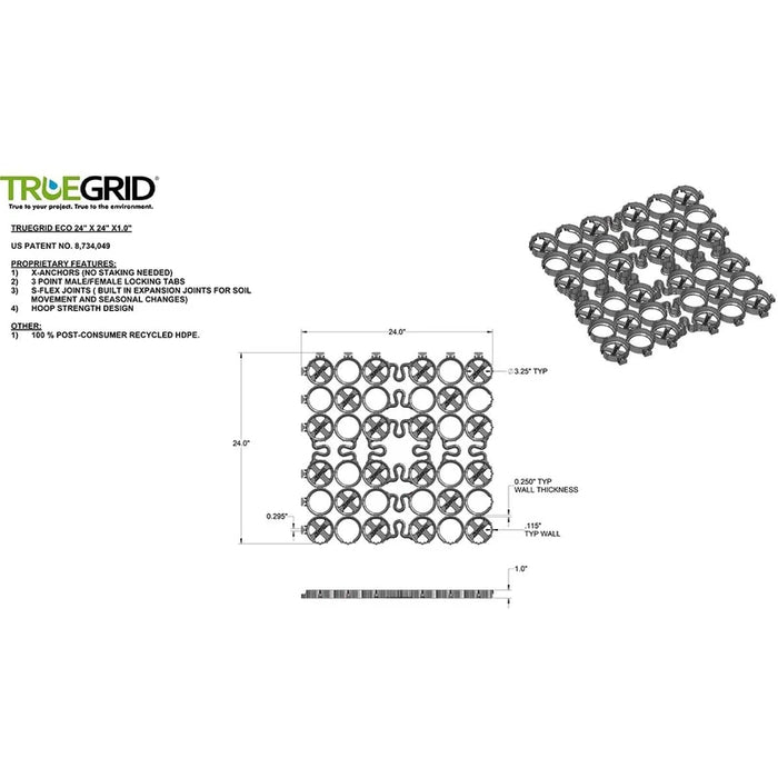 TrueGrid® Pro-Lite Plastic Permeable Paver Grid - 24" W x 24" L x 1" H - 4 SQ FT